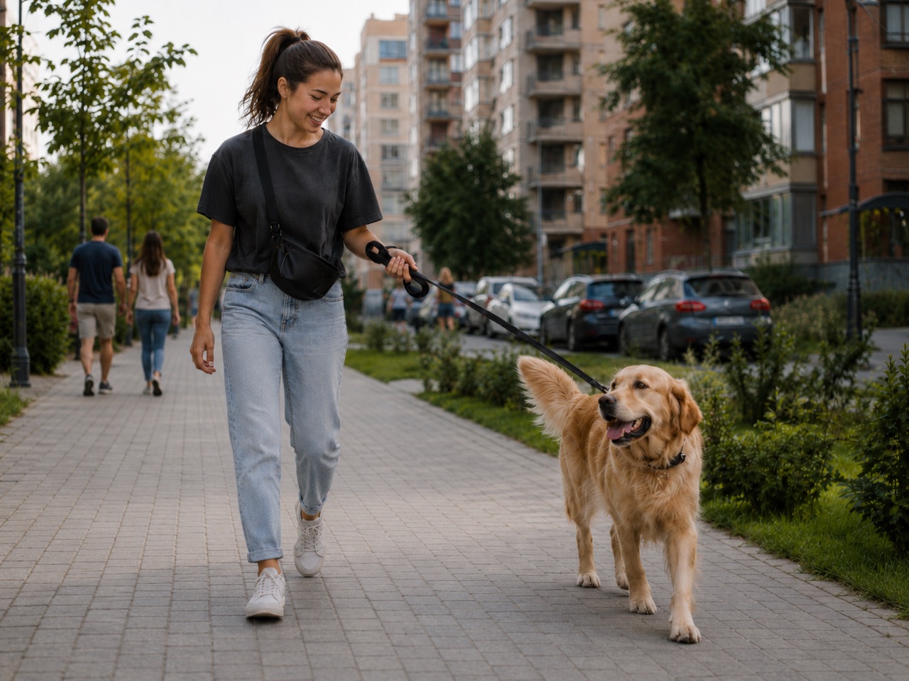 Выгульщик на прогулке с собакой